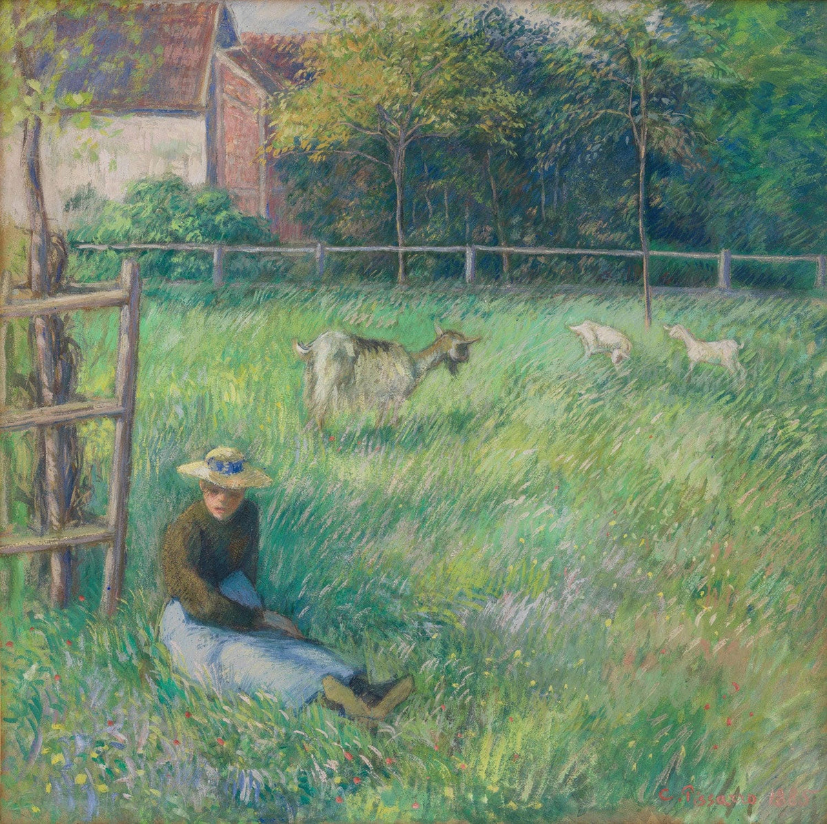 „Sitzende Bäuerin mit Ziegen“ von Camille Pissarro zeigt eine bäuerliche Frau, die ruhig neben ihren Ziegen sitzt. Mit zarten Farben und Pinselstrichen fängt das Gemälde das ruhige ländliche Leben und die enge Verbindung zwischen Mensch und Natur im impressionistischen Stil ein.