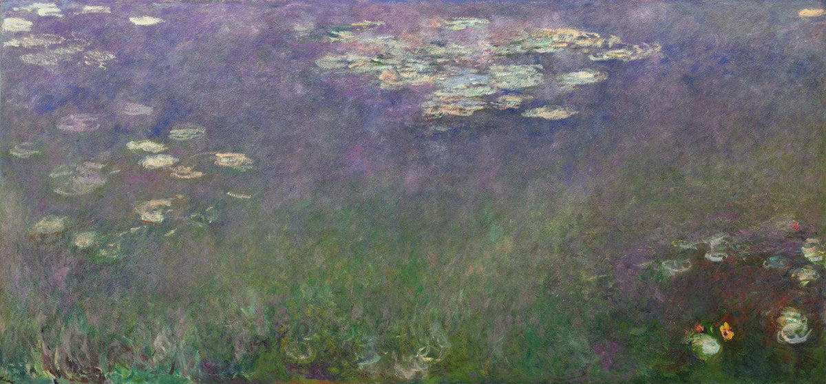 Das Gemälde "Seerosen" von Claude Monet präsentiert eine ruhige Wasserlandschaft in überwiegend bläulichen und grünen Farbtönen. Die Wasseroberfläche ist mit Seerosenblättern bedeckt, deren sanftes Grün sich harmonisch in die kühlen Blau- und Lilatöne des Wassers einfügt. Monets impressionistische Malweise mit weichen, fließenden Pinselstrichen fängt die Spiegelungen des Himmels und der umgebenden Pflanzen im Teich ein. Das Spiel von Licht und Schatten sowie die subtile Farbgebung verleihen dem Bild eine fa