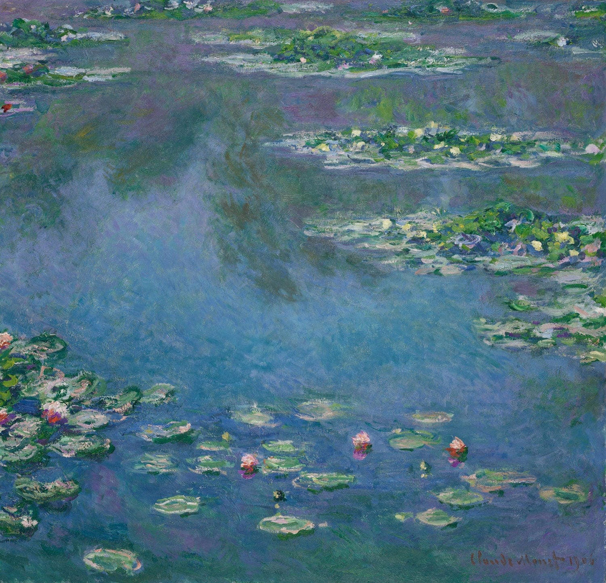 Detailreiche Kunstkopie von Claude Monets Gemälde 'Seerosen', das einen idyllischen Wassergarten mit schimmernden Seerosen und sanften Reflexionen auf der Wasseroberfläche zeigt – ein Meisterwerk des Impressionismus.