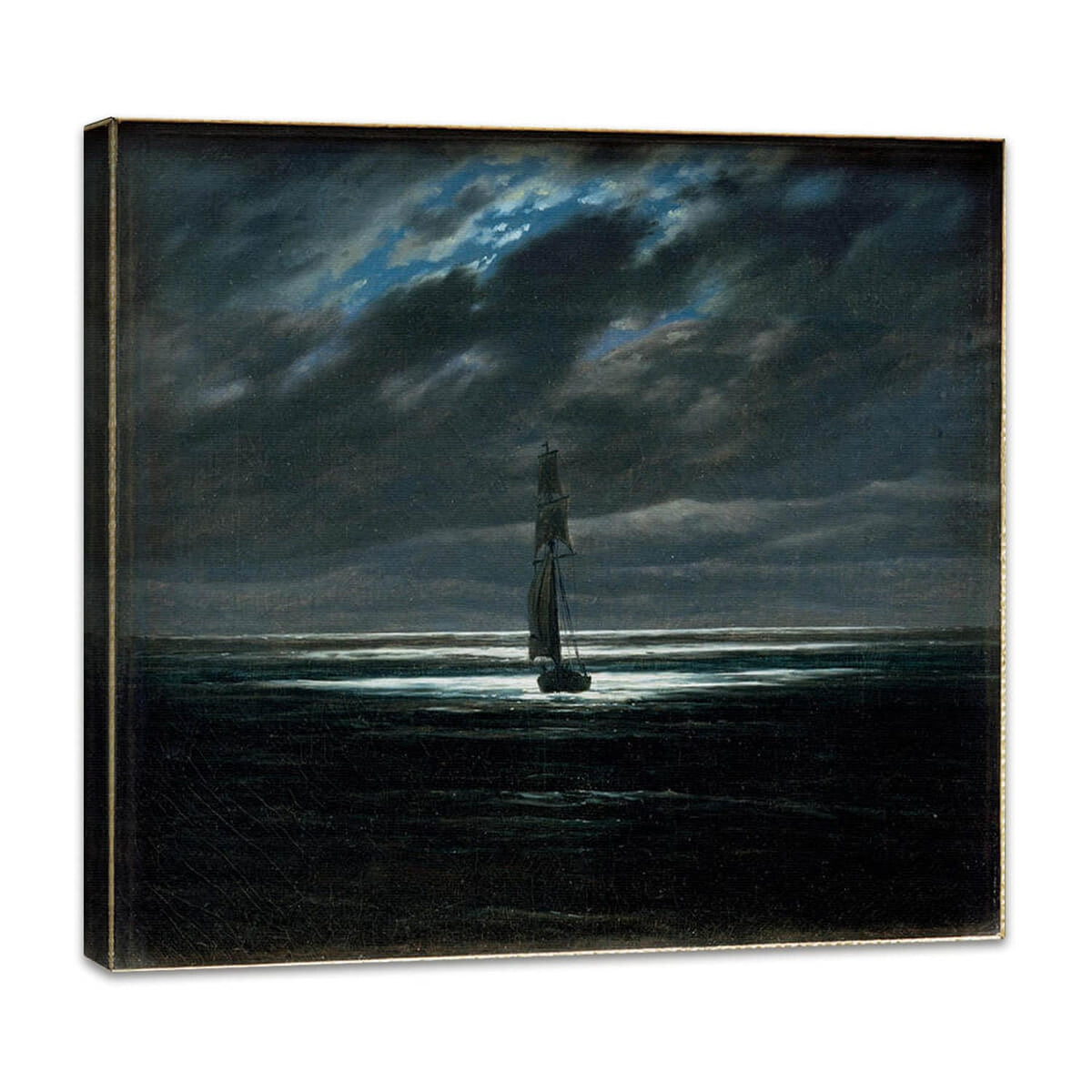 Seestück bei Mondschein | Caspar David Friedrich perspektivisch dargestellt auf Leinwand