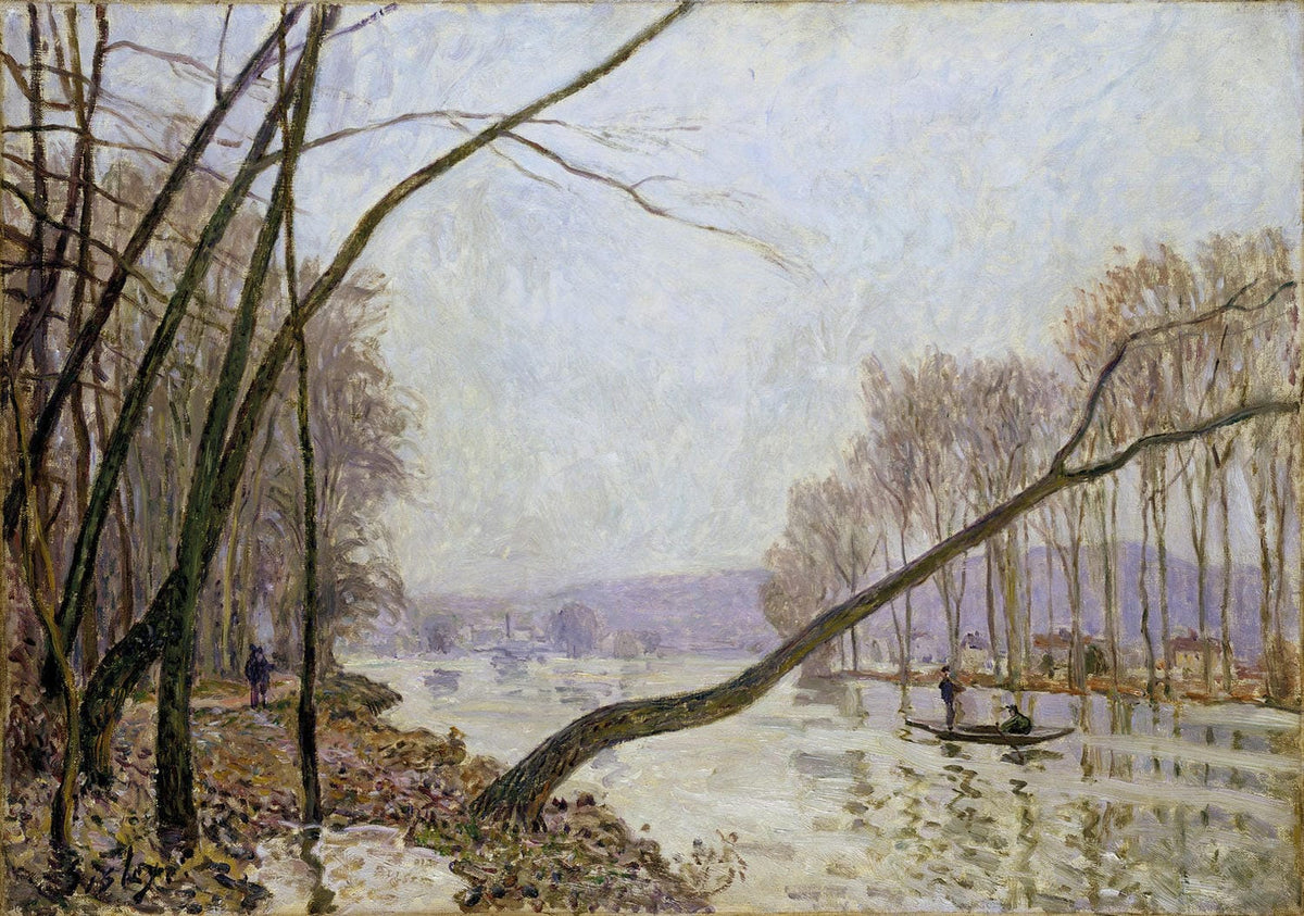 Impressionistisches Gemälde "Seine-Ufer im Herbst" von Alfred Sisley mit herbstlicher Flusslandschaft, buntem Laub und sanften Spiegelungen im Wasser.
