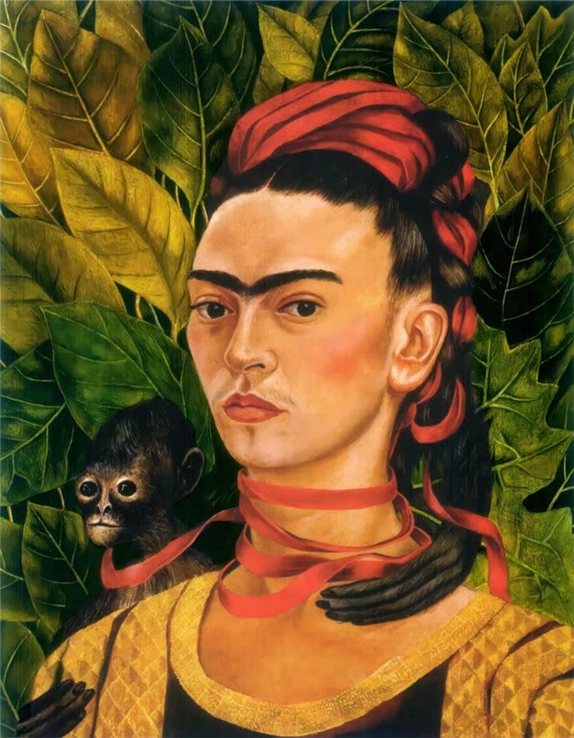 Frida Kahlo Selbstportrait mit Affe, rotes Band um Kopf und Hals, ausdrucksstarkes modernes Porträt als Kunstdruck.