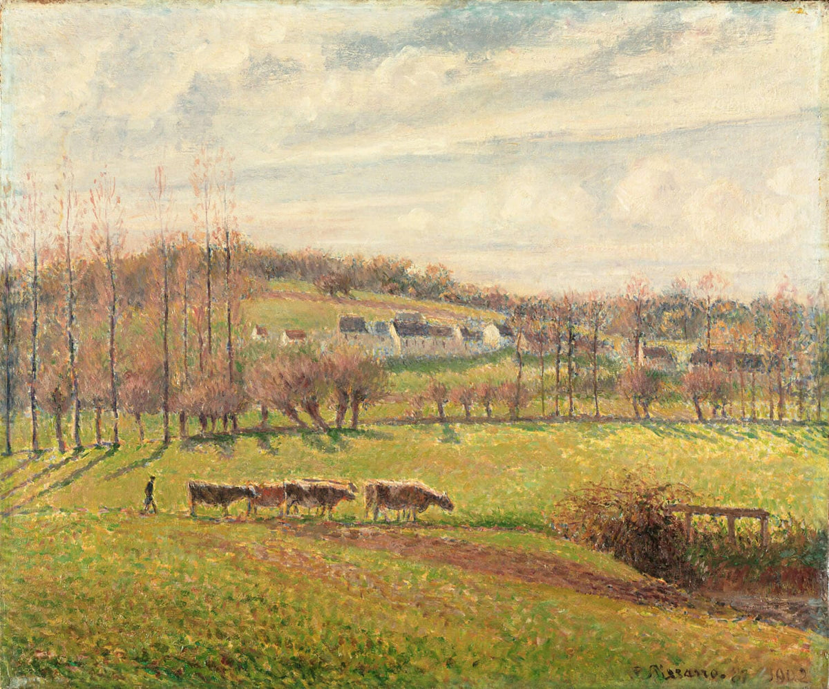 „Sommerlandschaft, Eragny“ von Camille Pissarro zeigt eine impressionistische ländliche Szene mit sanften Hügeln, Bäumen und Weiden, die im warmen Sonnenlicht leuchten. Das Werk fängt die natürliche Schönheit und den Frieden eines Sommertages in Eragny mit lebendigen Farben und dynamischen Pinselstrichen ein.