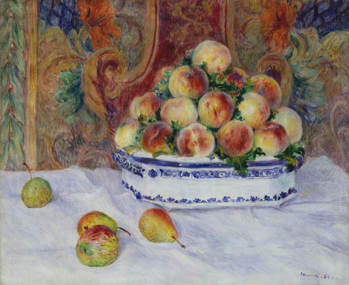 „Stillleben mit Pfirsichen“ von Pierre-Auguste Renoir zeigt eine detailreiche Darstellung von frischen Pfirsichen, umgeben von sanften, warmen Farbtönen. Das Gemälde fängt die natürliche Schönheit der Früchte ein und zeigt Renoirs Meisterschaft in der Schilderung von Licht und Texturen.