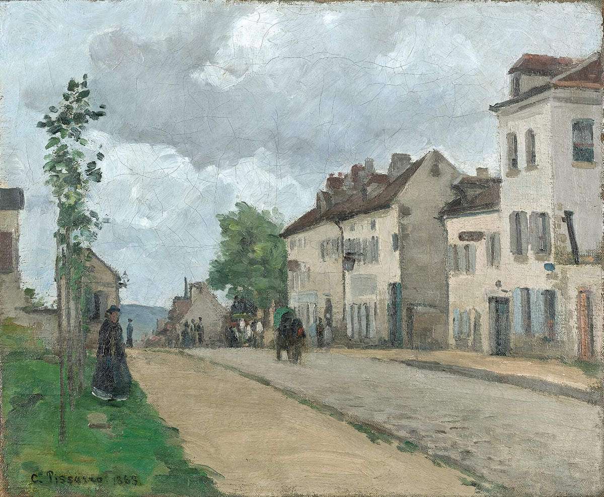 Das Gemälde „Straße in Pontoise (Rue de Gisors)“ von Camille Pissarro zeigt eine charmante, belebte Straßenszene mit Menschen und Häusern in einer französischen Kleinstadt. In impressionistischer Manier werden Licht und Farben harmonisch eingefangen und schaffen eine idyllische Atmosphäre.