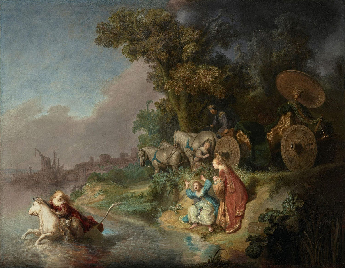 Das Gemälde "Die Entführung der Europa" von Rembrandt van Rijn zeigt den Moment, in dem Zeus in Gestalt eines Stiers die schöne Europa entführt. Die dramatische Szene wird durch meisterhafte Lichtführung und emotionale Intensität lebendig gemacht.