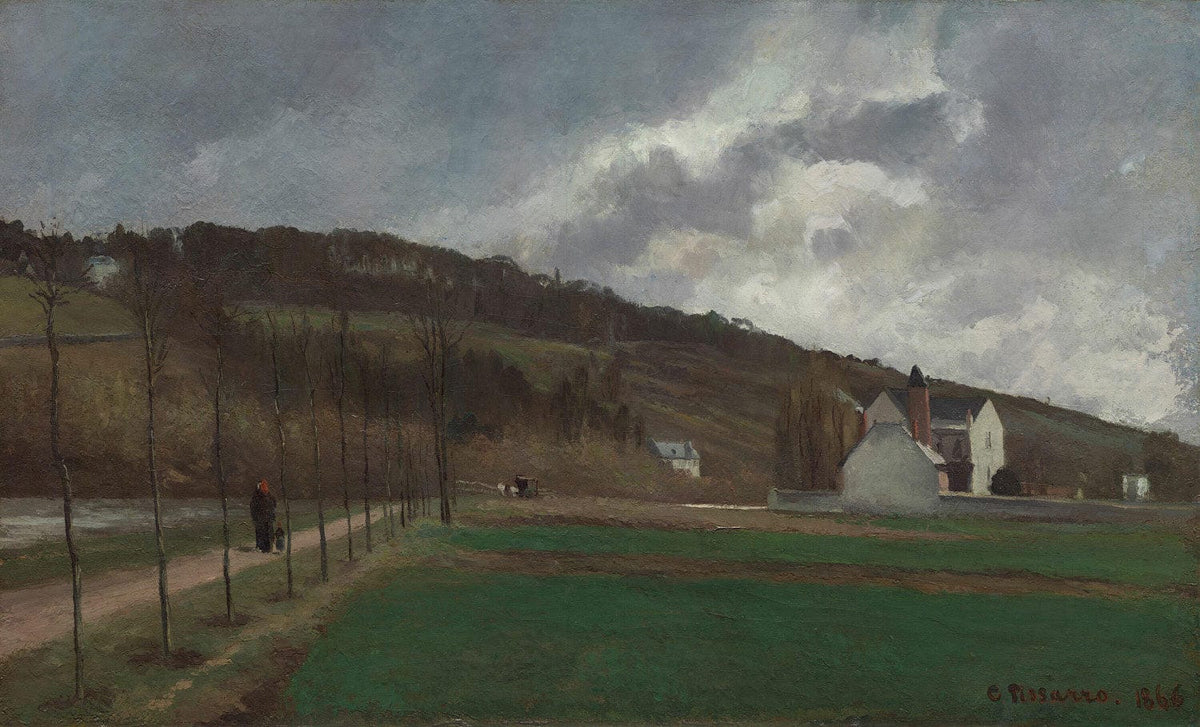 Winterliche Flusslandschaft mit kahlen Bäumen und ruhigem Wasser, in sanften Blau-, Grau- und Beigetönen impressionistisch gemalt.