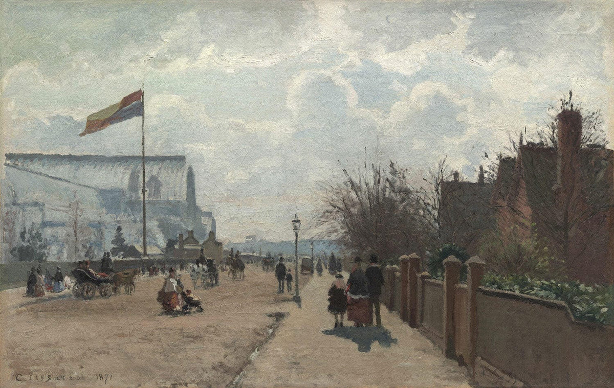 Gemälde "Der Kristallpalast" von Camille Pissarro: Impressionistische Stadtansicht Londons mit dem Kristallpalast im Hintergrund, belebte Straßen und sanfte Farbgebung.