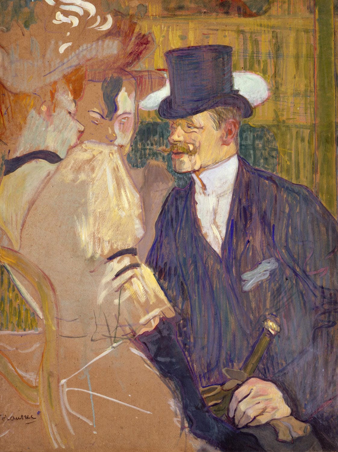 Gemälde von Henri de Toulouse-Lautrec: Der Engländer William Tom Warrener im Moulin Rouge, dargestellt in lebhaften Farben und charakteristischem Stil der Belle Époque