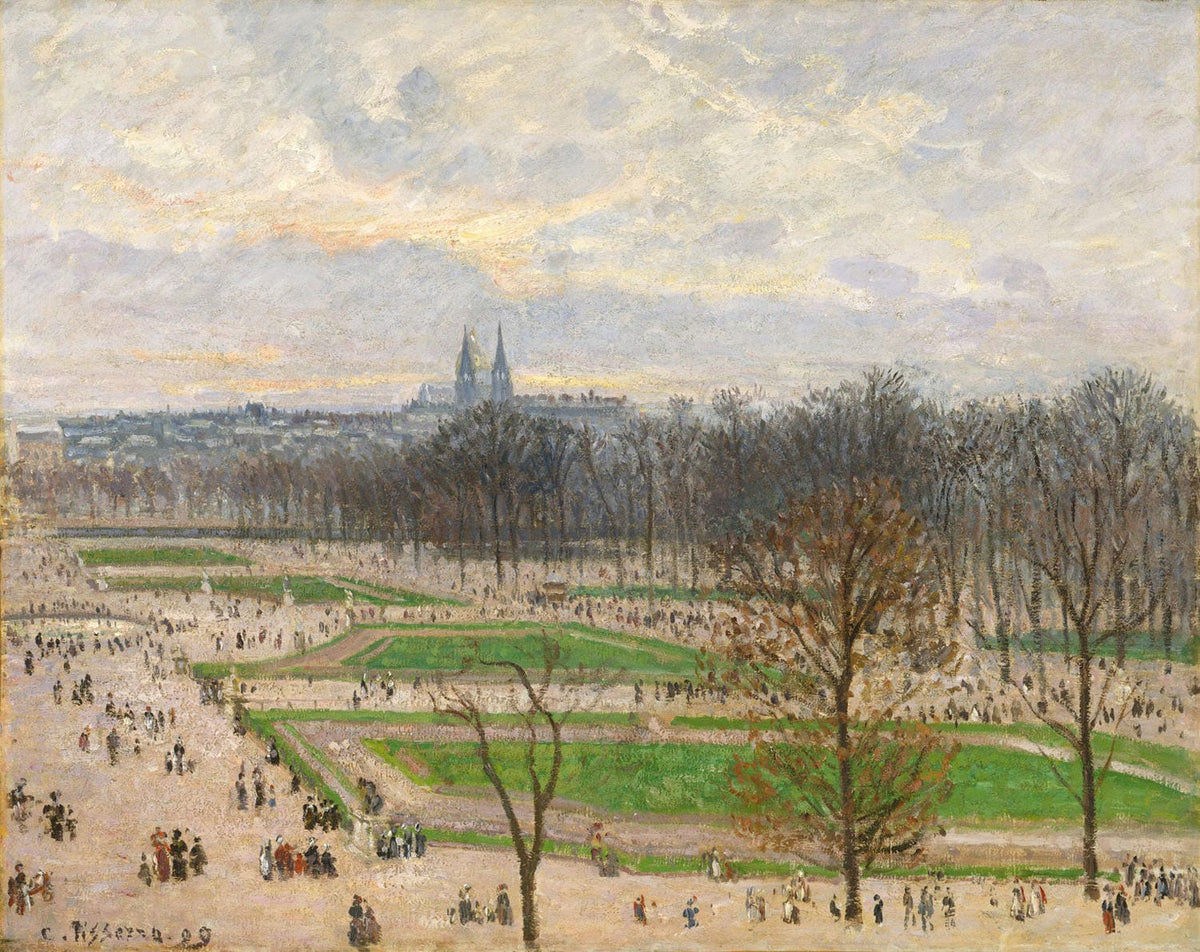 „Der Garten der Tuilerien an einem Winternachmittag“ von Camille Pissarro zeigt den ruhigen, verschneiten Tuileriegarten in Paris an einem kalten Winternachmittag. Die impressionistische Darstellung der kahlen Bäume und der schimmernden Schneedecke fängt die friedliche Atmosphäre dieses Moments ein.