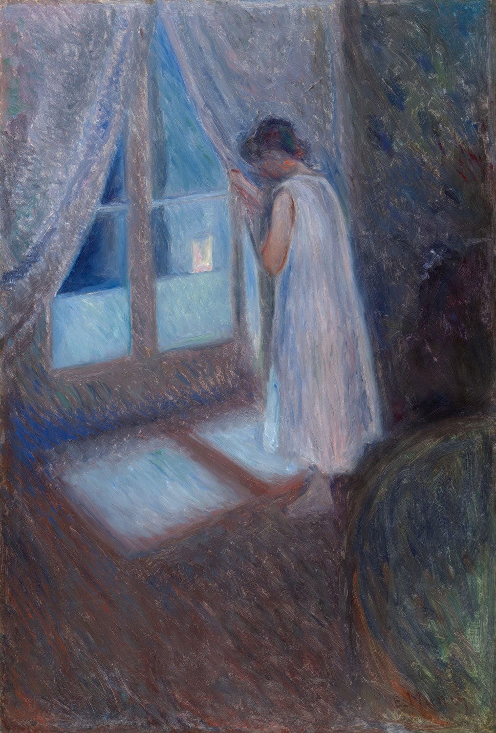 Edvard Munchs Gemälde 'The Girl by the Window': Ein junges Mädchen sitzt am Fenster und blickt in die Ferne, in melancholisches Licht gehüllt, umgeben von sanften Blautönen und einer nachdenklichen Atmosphäre.