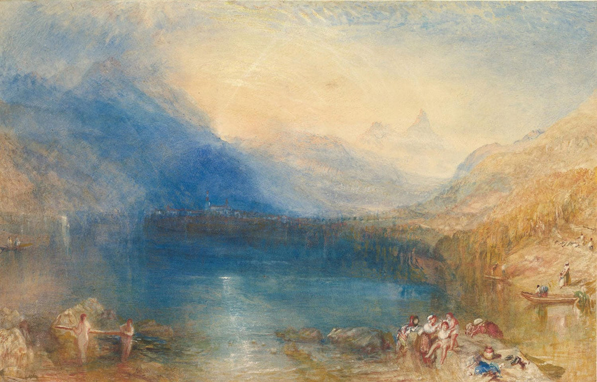 Romantische Landschaft mit dem Zugersee, umgeben von sanften Bergen und stimmungsvollem Himmel, Gemälde von William Turner, 1843.