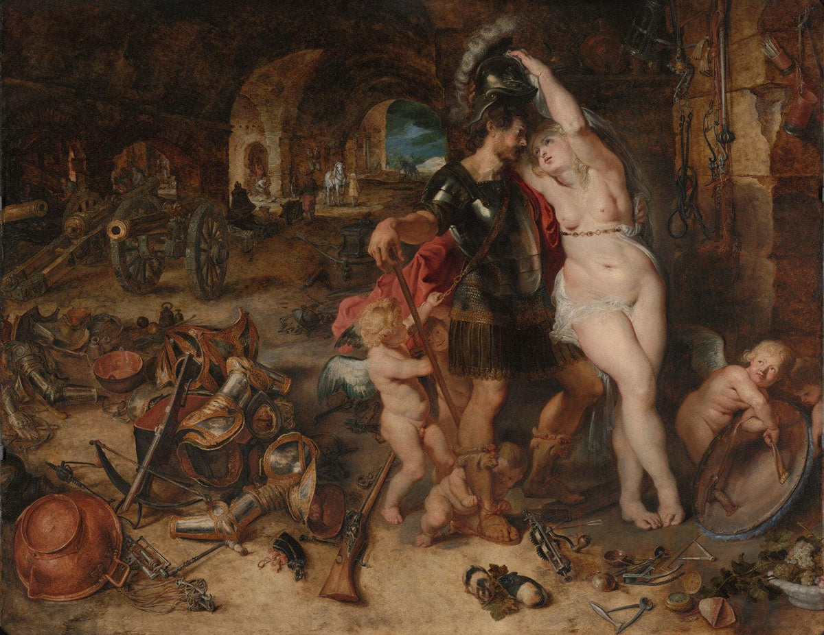 "Das Gemälde ""Die Rückkehr vom Krieg: Mars von Venus entwaffnet"" von Peter Paul Rubens und Jan Brueghel d. Ä. zeigt Venus, die den Kriegsgott Mars sanft von seinen Waffen befreit. Die Szene vereint Rubens' dramatische Komposition mit Brueghels Detailtreue und symbolisiert den Sieg der Liebe über den Krieg.