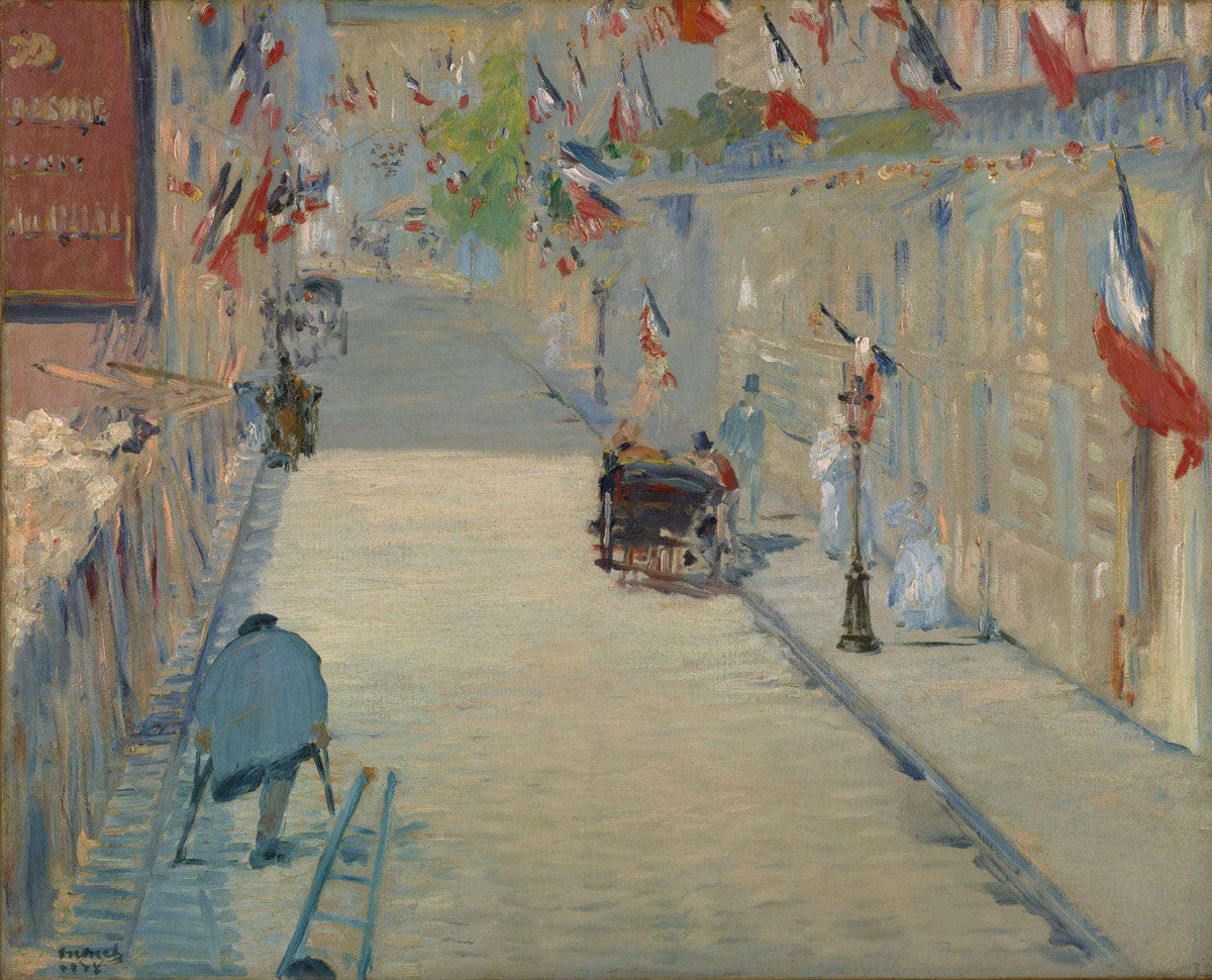 Édouard Manet Gemälde „Die Rue Mosnier mit Flaggen“ – lebendige Straßenszene mit wehenden französischen Flaggen, impressionistisch eingefangen.