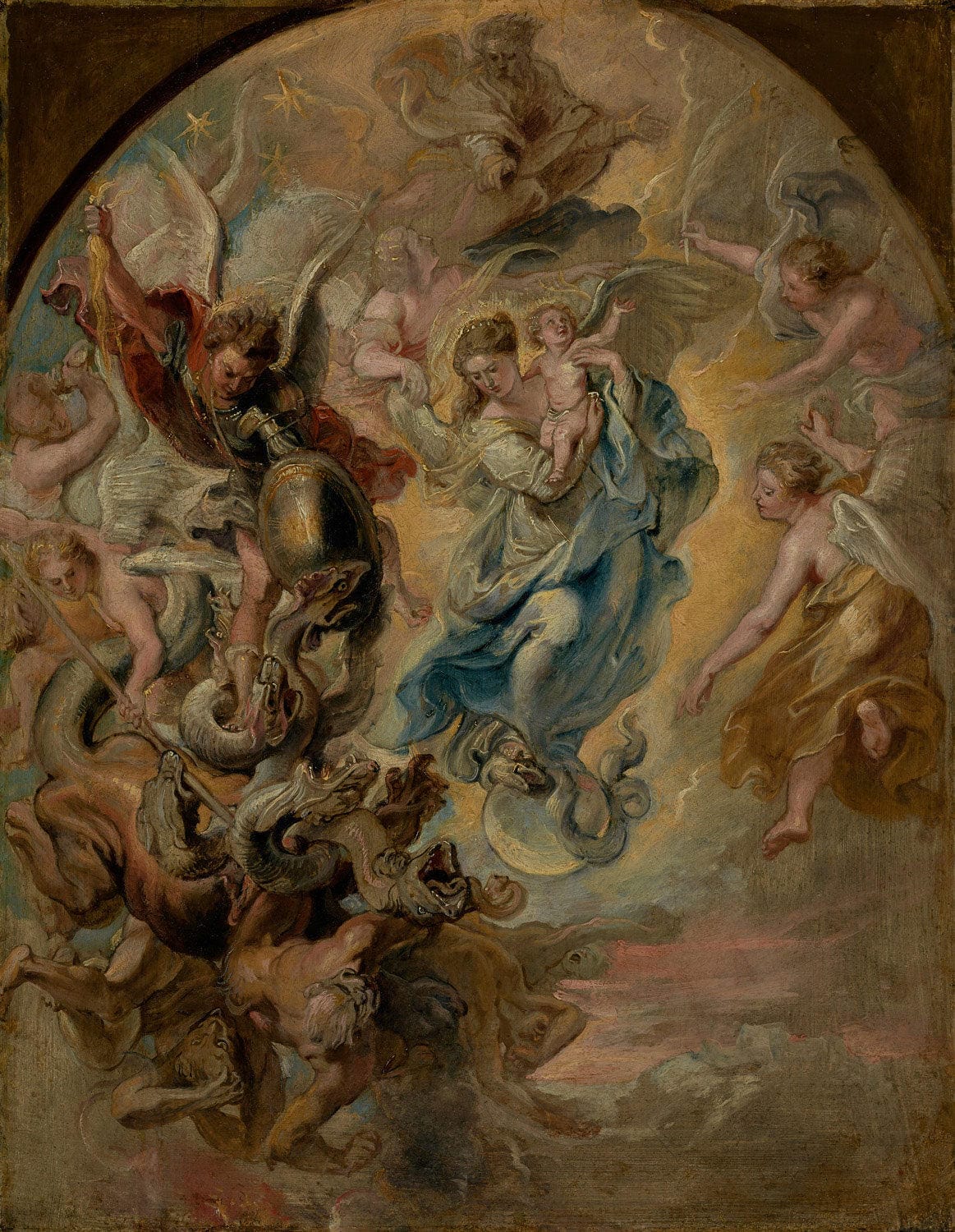 "Das Gemälde ""Die Jungfrau als Frau der Apokalypse"" von Peter Paul Rubens zeigt die Jungfrau Maria als triumphierende, überirdische Figur, die das Böse besiegt. Umgeben von Symbolen des Himmels und der Erde, strahlt sie majestätische und spirituelle Erhabenheit aus.