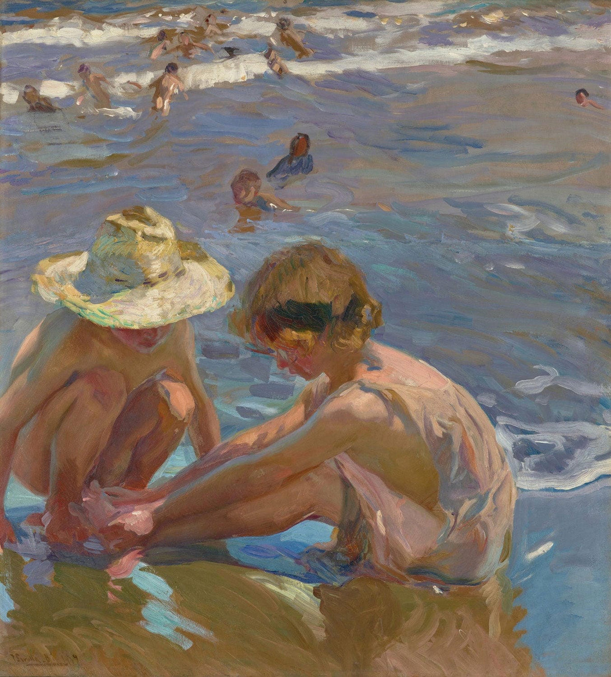 Das Gemälde "Der verwundete Fuß" von Joaquín Sorolla zeigt einen Mann, der mit einer verletzten Fußwunde ruhig im Wasser sitzt. Das Spiel von Licht und Schatten betont die Verletzlichkeit und Nachdenklichkeit des Moments.