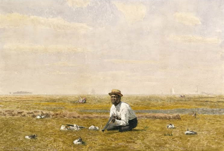 Thomas Eakins: Pfeifen für den Regenpfeifer, schwarze Figur im Gras mit Strohhut in sommerlicher Landschaft