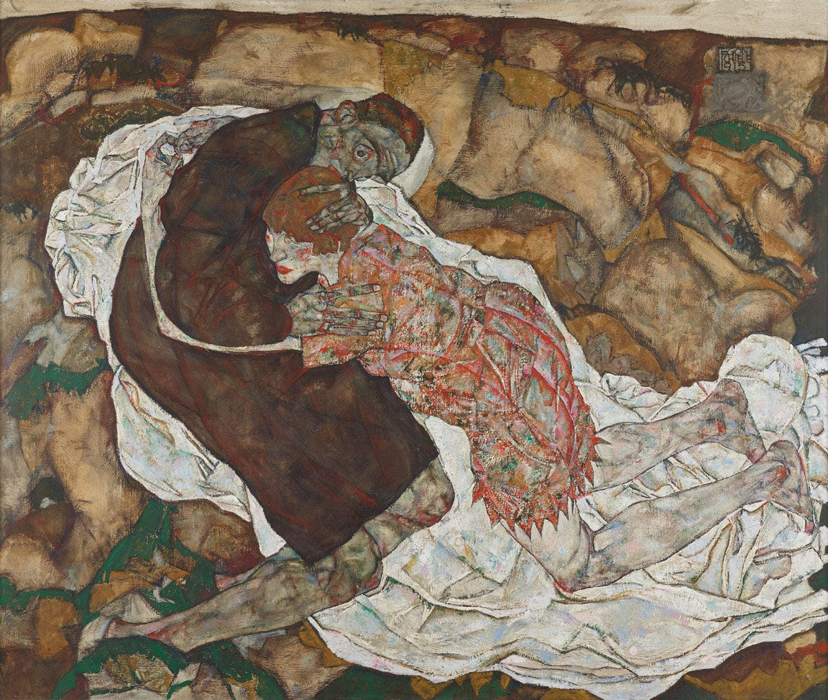 "Tod und Mädchen" von Egon Schiele zeigt eine intensive Darstellung eines zarten Mädchens, das von einer düsteren, symbolischen Darstellung des Todes umarmt wird. Der Kontrast zwischen Jugend und Vergänglichkeit wird durch Schieles markante Linienführung und ausdrucksstarke Farbgebung betont.