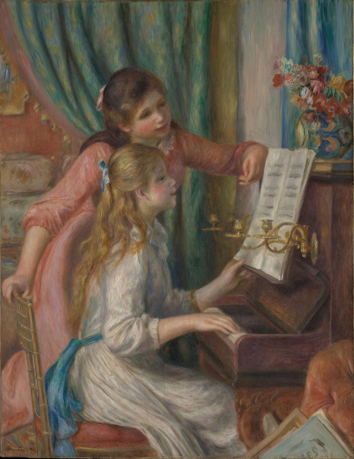 "Zwei junge Mädchen am Klavier" von Auguste Renoir zeigt zwei Mädchen, die an einem Klavier sitzen. Mit sanften Farben und lebendigen Details vermittelt das Gemälde eine ruhige und harmonische Atmosphäre. Renoirs Meisterschaft in der Porträt- und Genremalerei wird eindrucksvoll präsentiert.