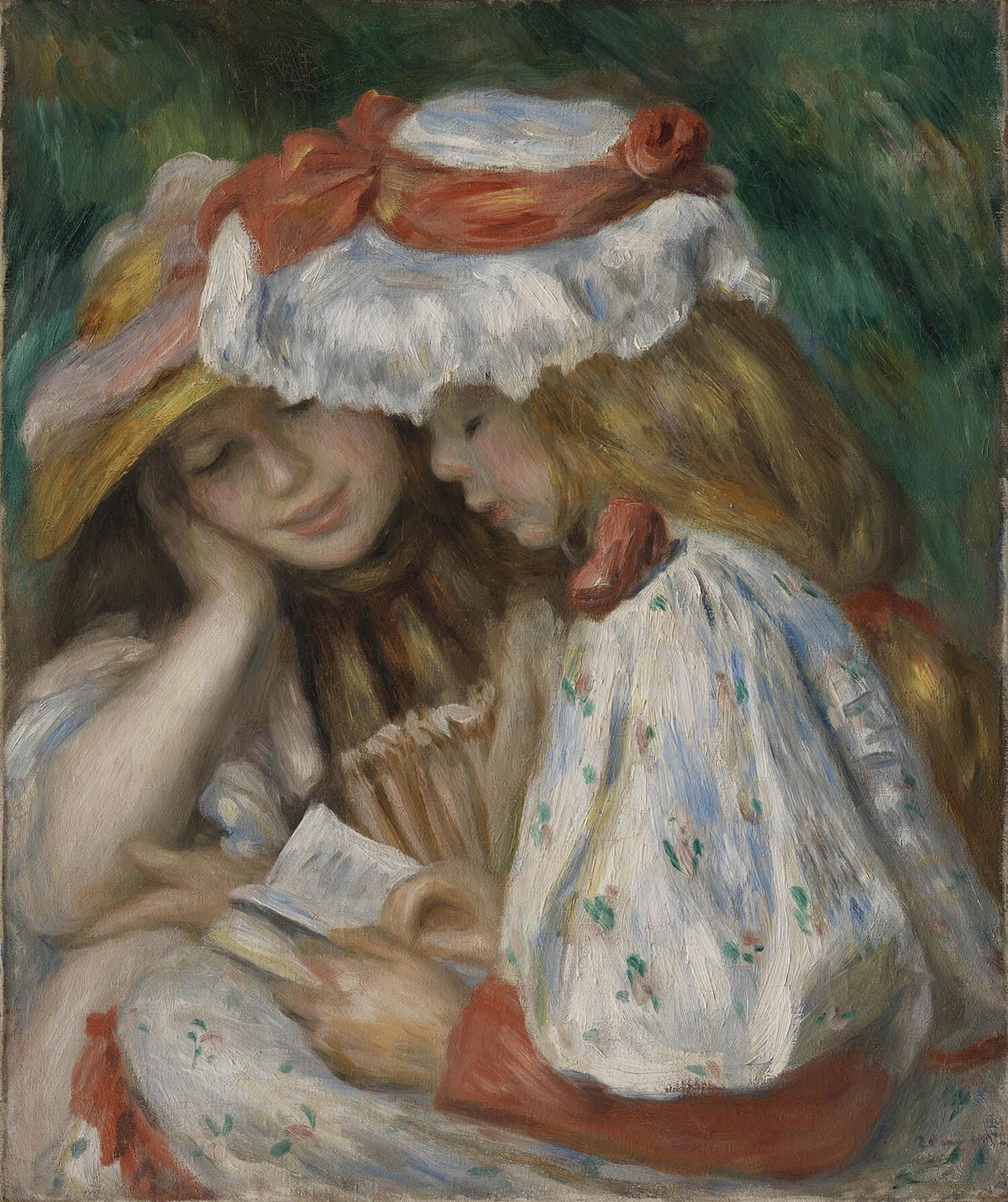 Zwei junge Mädchen beim Lesen von Pierre-Auguste Renoir, impressionistisches Porträt mit einfühlsamer Darstellung von Ruhe und Intimität.
