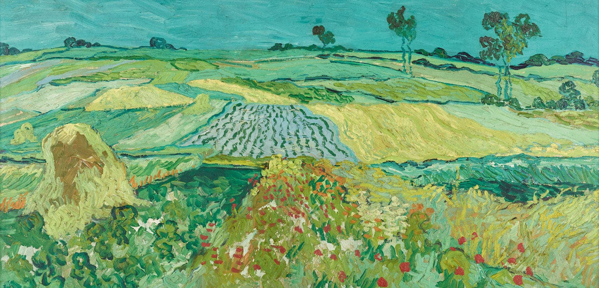 „Die Ebene von Auvers“ von Vincent van Gogh zeigt die weite Landschaft von Auvers-sur-Oise mit sanften Hügeln und einem dramatischen Himmel.