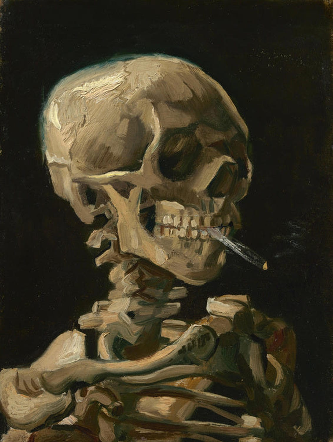 Vincent van Goghs Gemälde zeigt einen menschlichen Schädel mit einer brennenden Zigarette im Mund vor dunklem Hintergrund.
