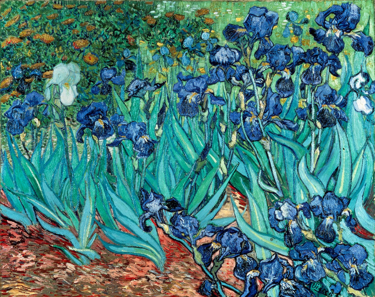 Das Gemälde "Schwertlilien" zeigt eine Gruppe von Schwertlilien in kräftigen Farben, die von Vincent van Gogh mit dynamischen Pinselstrichen eingefangen wurden.