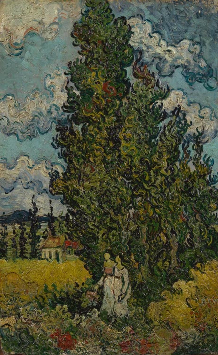 Kunstdruck des Gemäldes „Zypressen und zwei Frauen“ von Vincent van Gogh mit hohen Zypressen und zwei Frauen auf einem Weg in südlicher Landschaft
