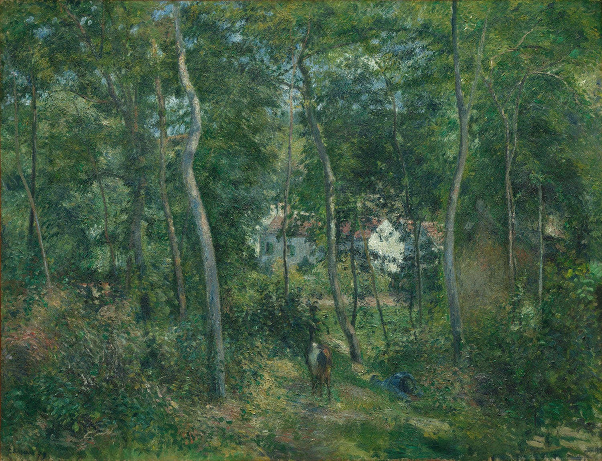 Das Gemälde „Waldrand bei L'Hermitage, Pontoise“ von Camille Pissarro zeigt eine idyllische Landschaftszene mit einem Waldrand in sanften Farben. Der Pinselstrich vermittelt den ländlichen Charme der Natur in Pontoise.