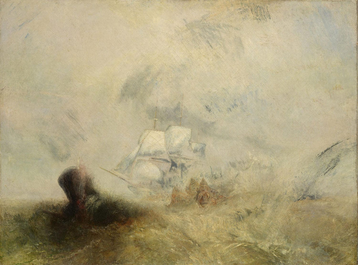 Dramatische Szene mit Walfängern auf stürmischer See, romantisches Gemälde von William Turner, 1845, im Querformat.