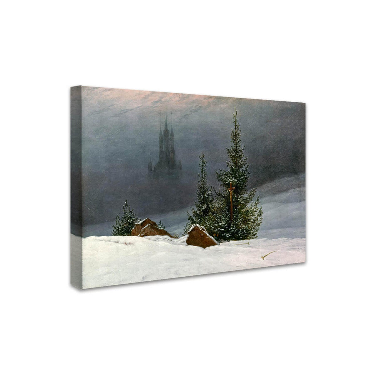 Winterlandschaft mit Kirche von Caspar David Friedrich perspektivisch dargestellt auf Leinwand gezogen