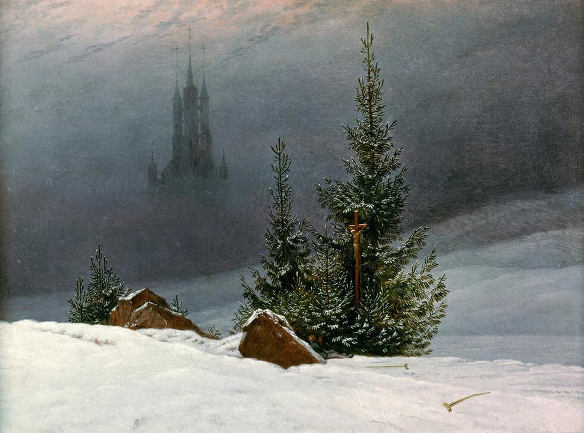 Winterliche Landschaft mit verschneiter Kirche, Bäumen und betender Figur von Caspar David Friedrich.