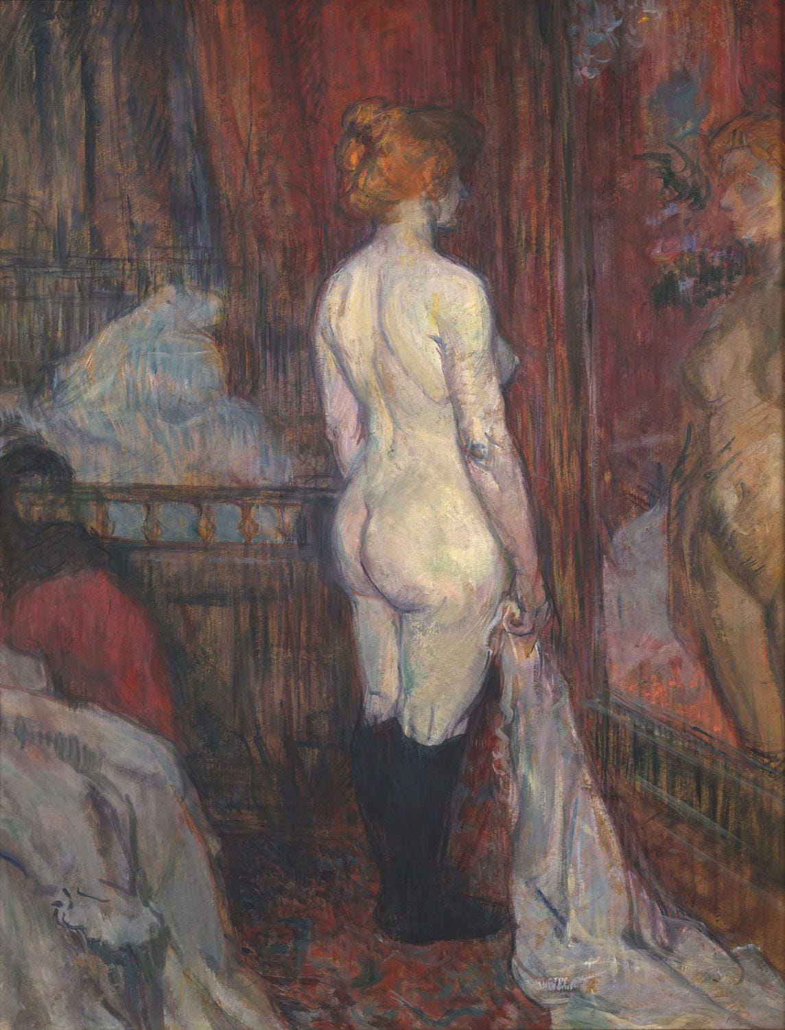 Gemälde von Henri de Toulouse-Lautrec: Frau vor einem Spiegel, dargestellt in sanften Farben und introspektiver Atmosphäre im Hochformat.