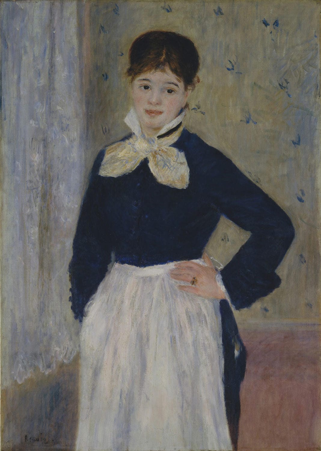 Das Gemälde "Junge Frau (Die Dienerin)" von Pierre-Auguste Renoir zeigt eine junge Frau in einem einfachen, eleganten Porträt. Mit sanften, fließenden Pinselstrichen und warmen Farben fängt Renoir die natürliche Anmut der Frau ein, was dem Bild eine intime und zeitlose Ausstrahlung verleiht.