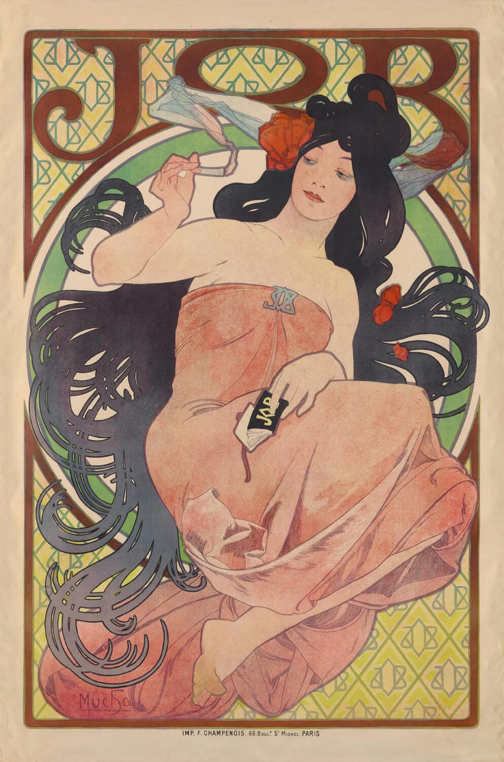 „Poster for Job Cigarette Papers“ von Alfons Mucha zeigt eine elegante Frau im Jugendstil, umgeben von floralen Mustern und geschwungenen Linien. Die zarten Farben und harmonische Komposition verkörpern den Charme der „Belle Époque“-Ära und die Kunst des späten 19. Jahrhunderts.