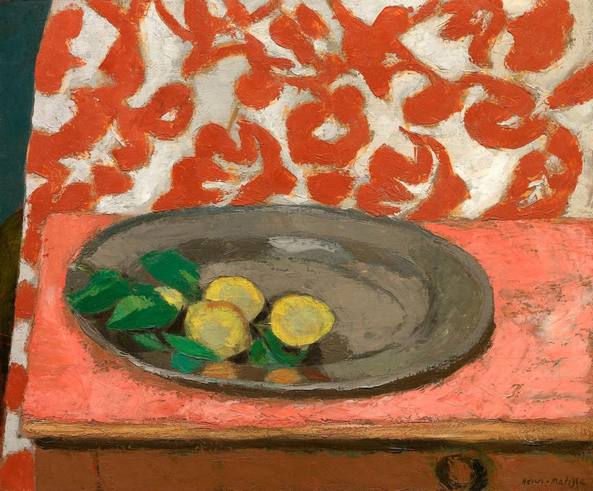 Gemälde von Henri Matisse, 1914: Zitronen auf einem flachen Zinnteller, reduziert und farbstark inszeniert im Stil der klassischen Moderne.