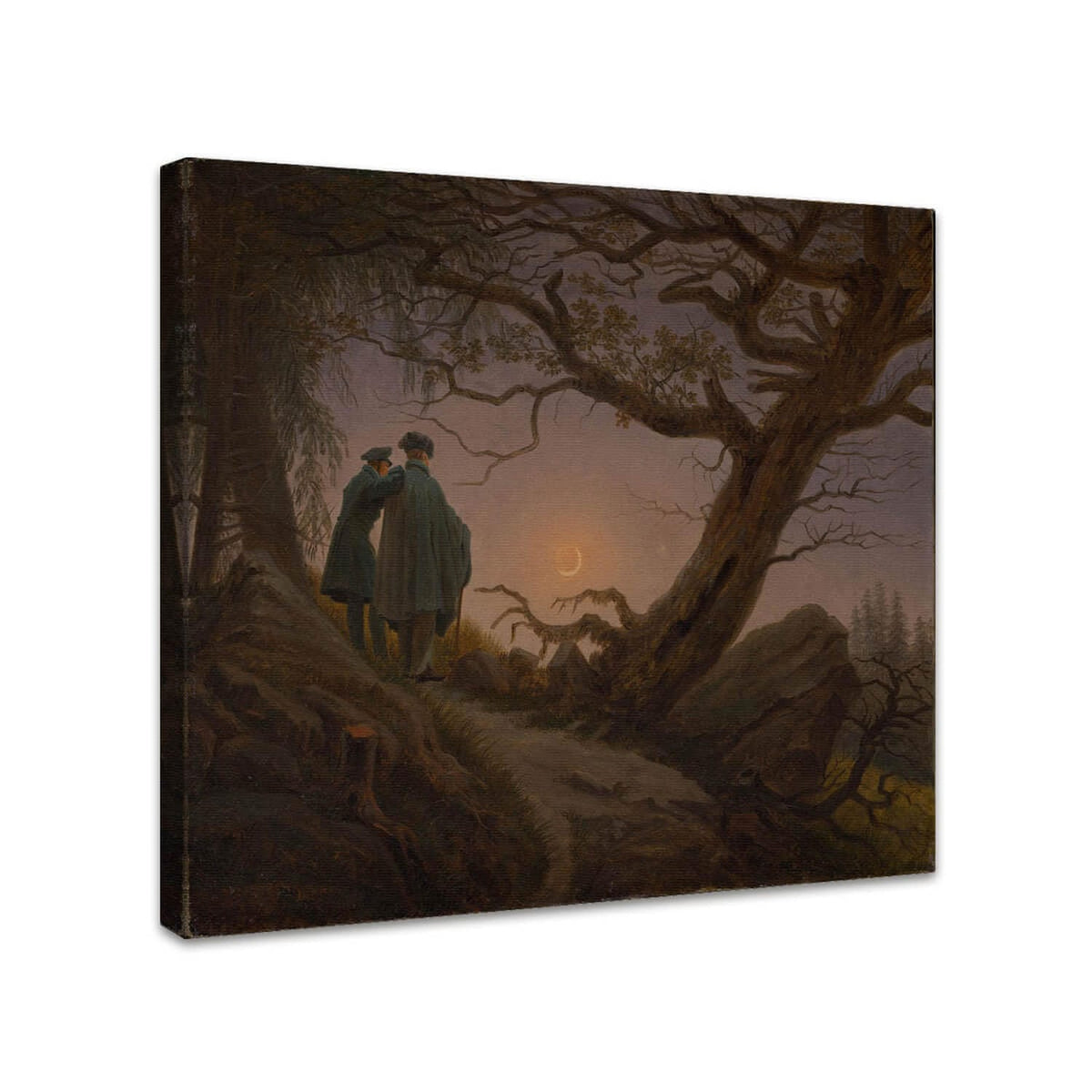 Zwei Männer betrachten den Mond von Caspar David Friedrich perspektivisch dargestellt auf Leinwand gespannt