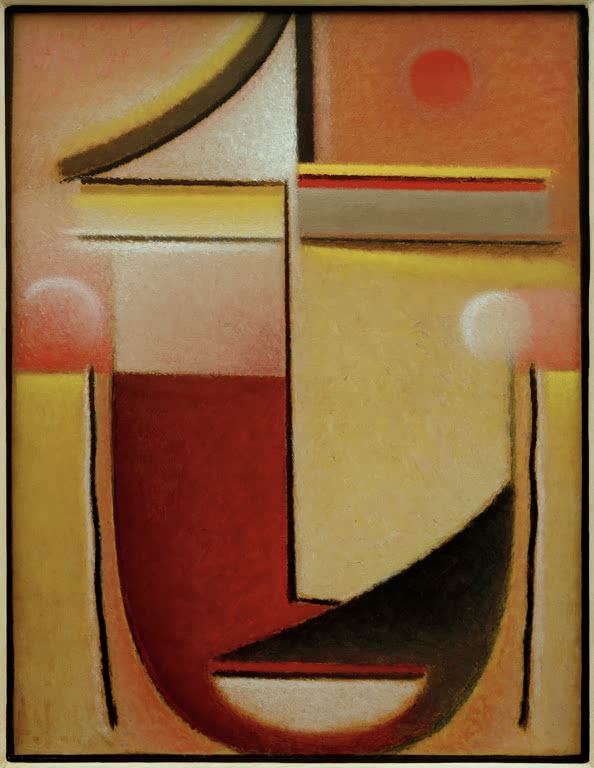 Gesicht aus Rot-, Gelb- und Cremeflächen mit Linien – Alexej von Jawlensky Abstrakter Kopf: Rot-Weiß-Gold Kunstkopie