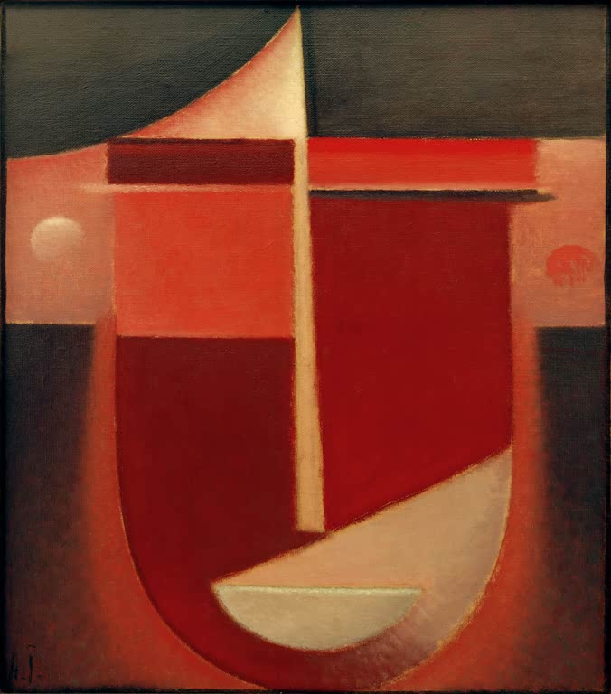 Gesicht aus roten und dunkelroten Flächen – Alexej von Jawlensky Abstrakter Kopf: Rotes Licht Kunstkopie