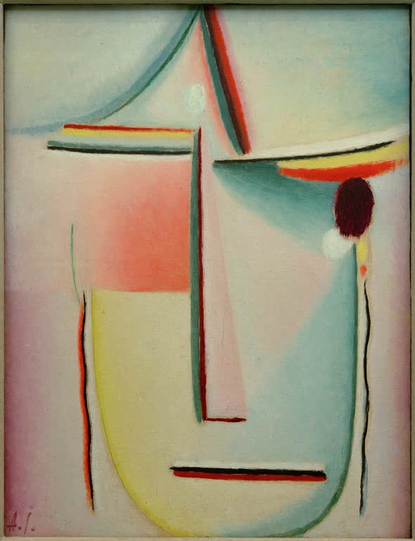 Abstraktes Gesicht in Hellblau, Rosa, Gelb mit schwarzen Linien – Alexej von Jawlensky Abstrakter Kopf: Schicksal Kunstkopie