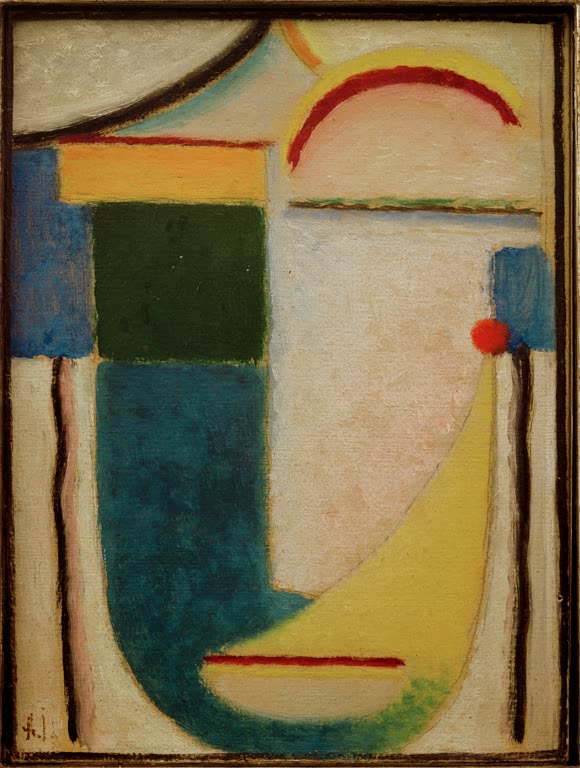 Abstraktes Gesicht aus Grün- und Cremeflächen mit Sichel – Alexej von Jawlensky Abstrakter Kopf: Skizze zu Frost Kunstkopie