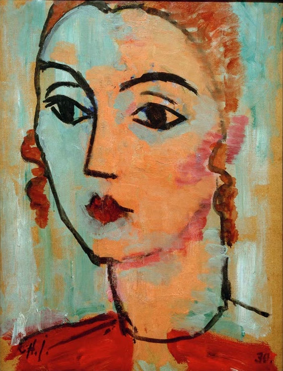 Frau mit blassblauem Gesicht, dunklen Augen und roten Zöpfen – Alexej von Jawlensky Bildnis Lisa Kümmel Kunstkopie