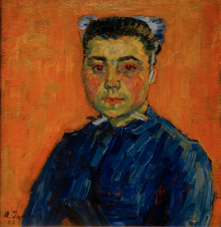Alexej von Jawlensky Bildnis Marie Castel Kunstkopie, Frauenporträt in Blau vor orangefarbenem Hintergrund
