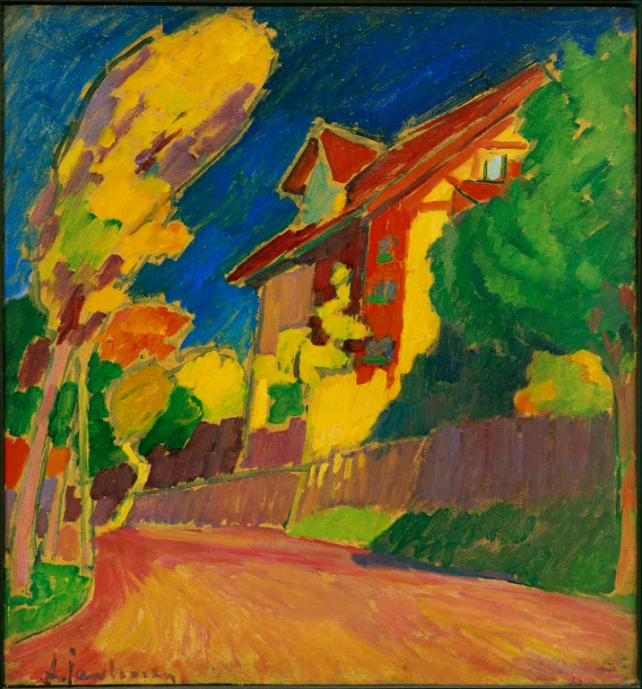 Alexej von Jawlensky Das gelbe Haus Kunstkopie: Gelbrotes Haus mit Zaun und Herbstbäumen an orangefarbenem Weg