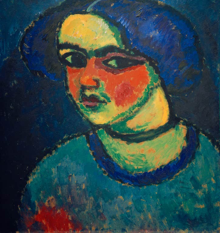 Frau mit blauem Haar und schwarzen Augen in blaugrünem Gewand – Alexej von Jawlensky Die schwarzen Augen Kunstkopie