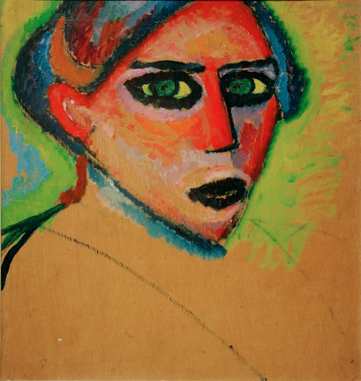 Frauenkopf mit grünen Augen und schwarzen Lippen vor ockergelbem Grund – Alexej von Jawlensky Frauenkopf Kunstkopie