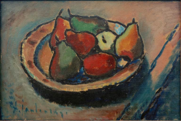 Schale mit Birnen und Äpfeln auf dunklem Tisch – Alexej von Jawlensky Früchtestillleben Kunstkopie