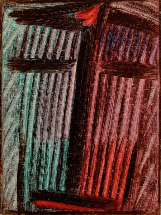 Antlitz aus senkrechten Strichen in Bordeaux, Grau und Türkis – Alexej von Jawlensky Große Meditation Kunstkopie
