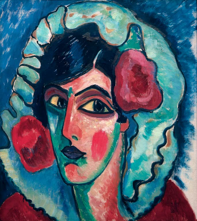 Alexej von Jawlensky Großer Frauenkopf Manola Kunstkopie, türkise Kopfhaube mit roten Blüten und grünlichem Gesicht