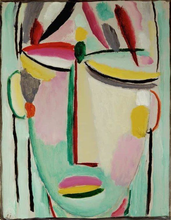 Mintgrünes Gesicht mit geschlossenen Augen und bunten Wangenflecken – Alexej von Jawlensky Heilandsgesicht: Tod II Kunstkopie